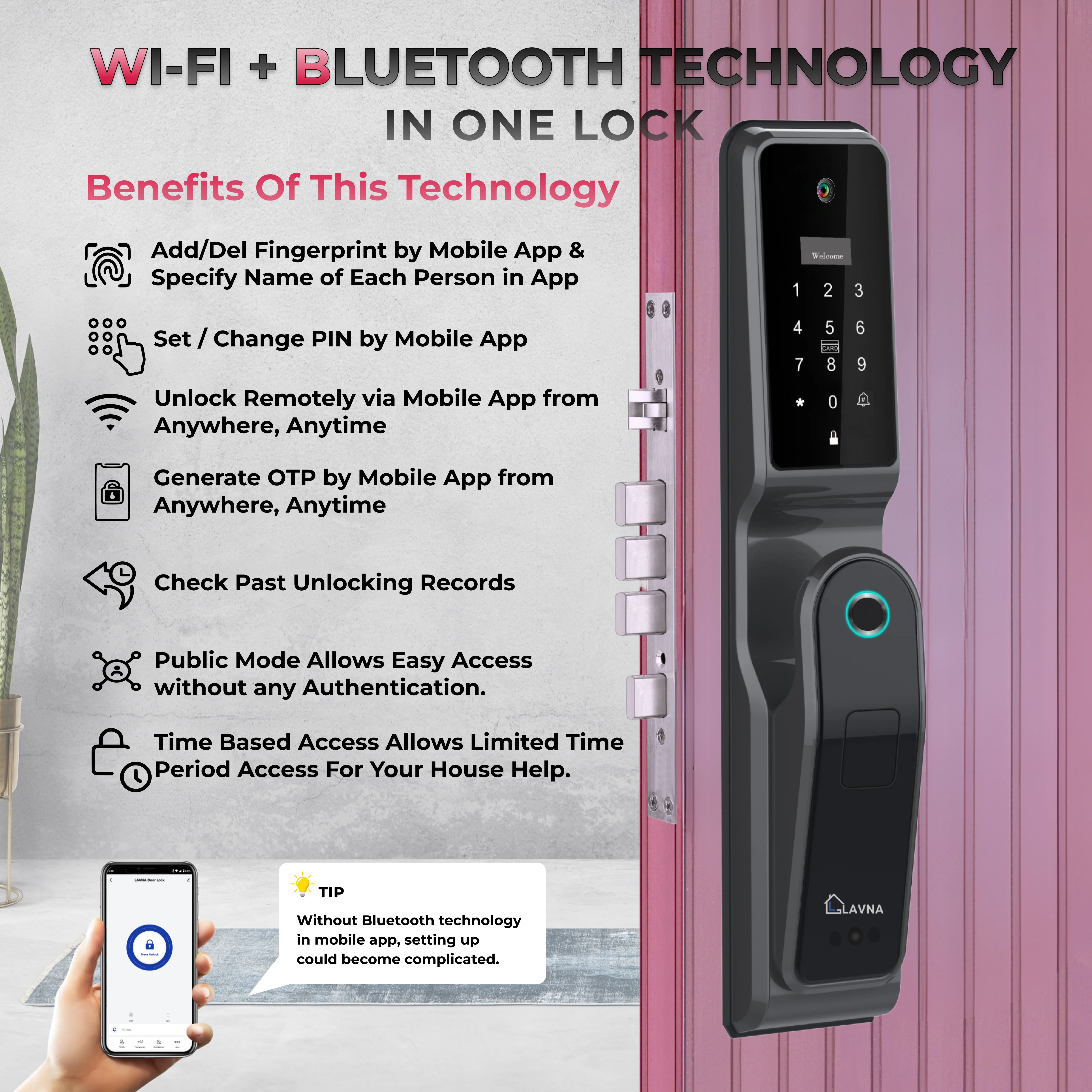 LAVNA 8-Way Premium Smart Door Lock with Camera (3 Year Warranty)