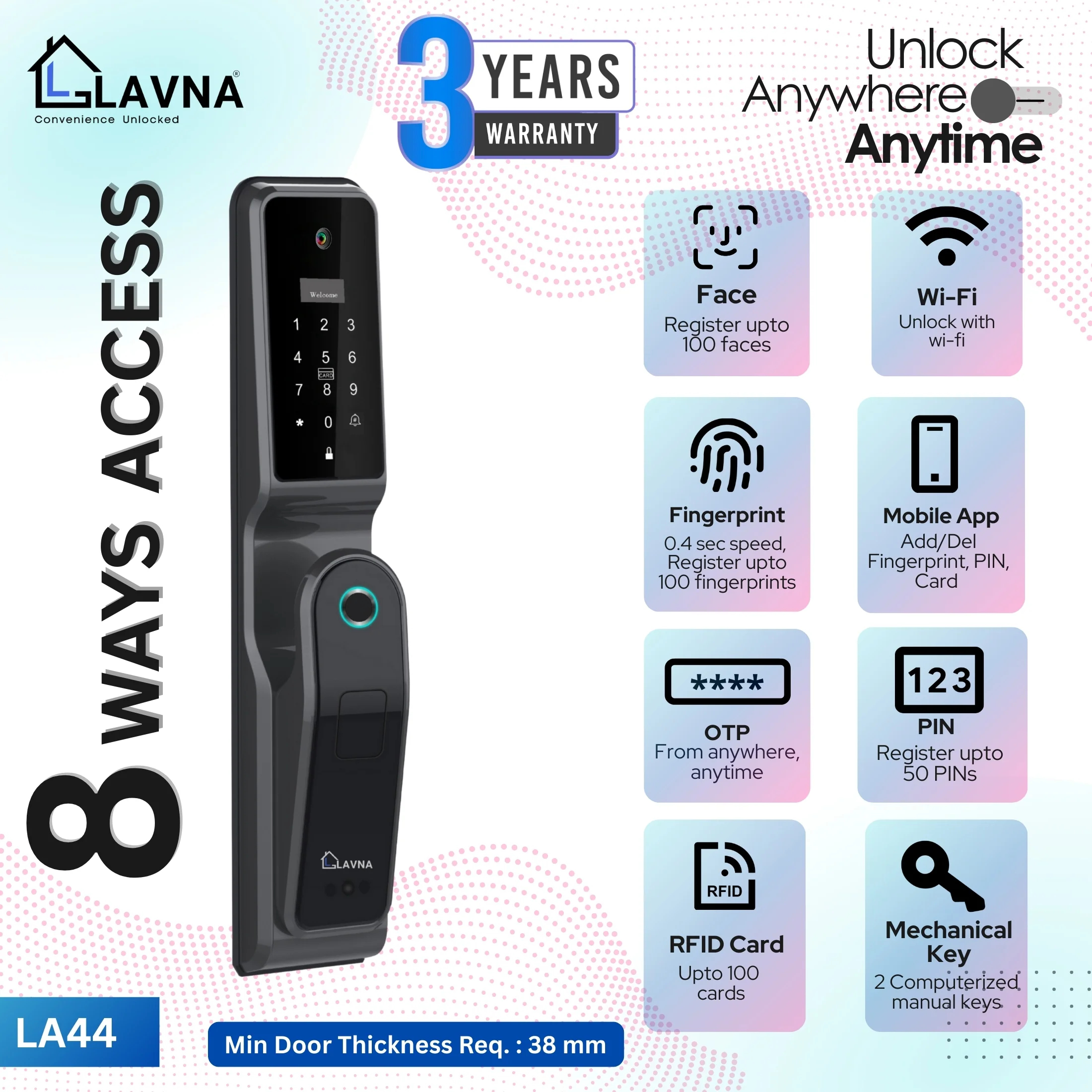 LAVNA 8-Way Premium Smart Door Lock with Camera (3 Year Warranty)