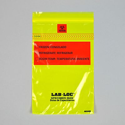 Specimen Transport Bag with Document Pouch Lab-Loc® 6 X 9 Inch Zip Closure Biohazard Symbol / Storage Instructions NonSterile Yellow