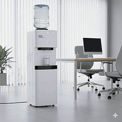 Close-up of the Usha Laguna Fresh dispenser logo and temperature control panel. Close-up of the Usha Laguna Fresh dispenser logo and temperature control panel.