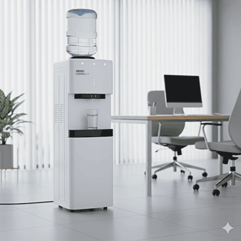 Close-up of the Usha Laguna Fresh dispenser logo and temperature control panel.