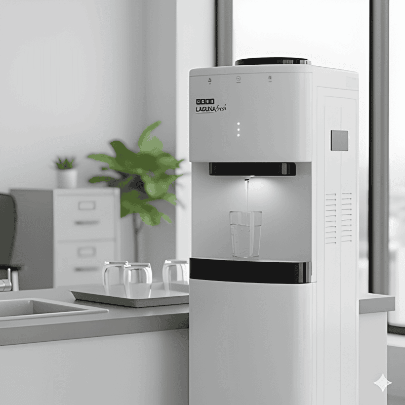 Side profile of the slim Usha Laguna Fresh water dispenser against a neutral wall.