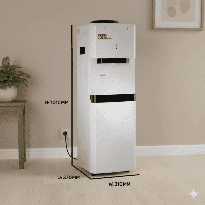 Usha Laguna Fresh water dispenser featuring hot, cold, and ambient temperature options.