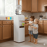 Premium Usha Laguna water dispenser featuring a cooling cabinet and LED indicators. Premium Usha Laguna water dispenser featuring a cooling cabinet and LED indicators.