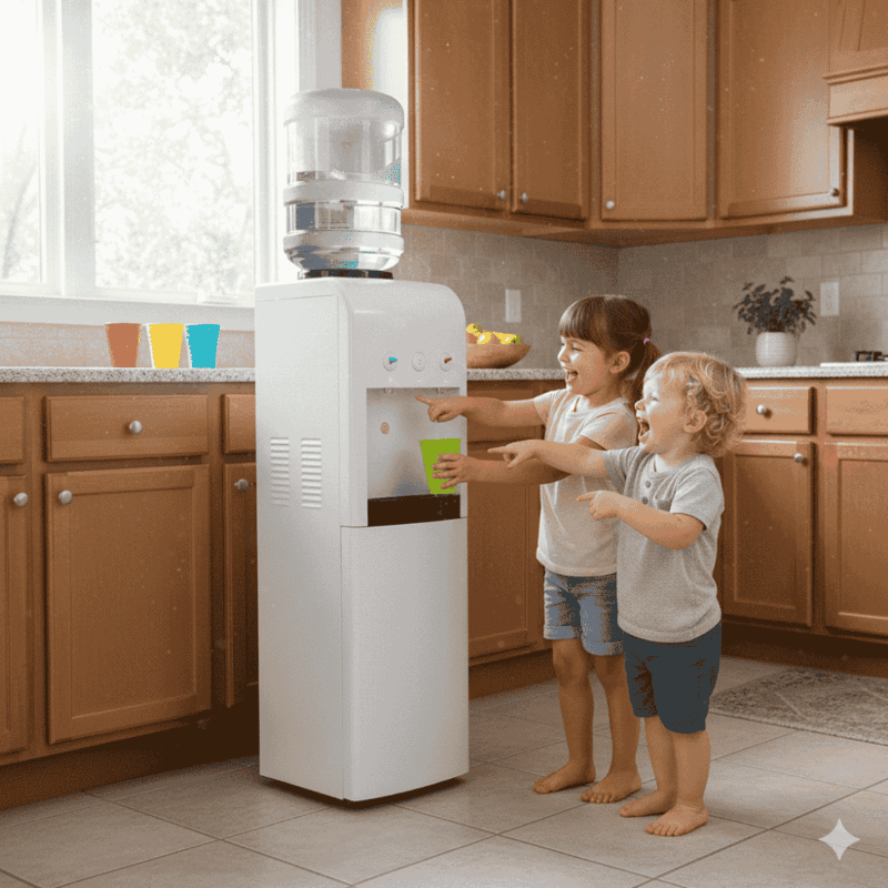 Premium Usha Laguna water dispenser featuring a cooling cabinet and LED indicators.