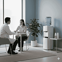 Usha Laguna Fresh floor-mounted water dispenser with a white finish and blue accents. Usha Laguna Fresh floor-mounted water dispenser with a white finish and blue accents.