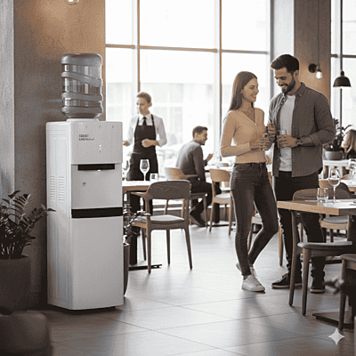 Tall white Usha Laguna Fresh bottled water dispenser for home or commercial use. Tall white Usha Laguna Fresh bottled water dispenser for home or commercial use.