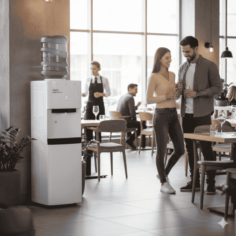 Tall white Usha Laguna Fresh bottled water dispenser for home or commercial use.