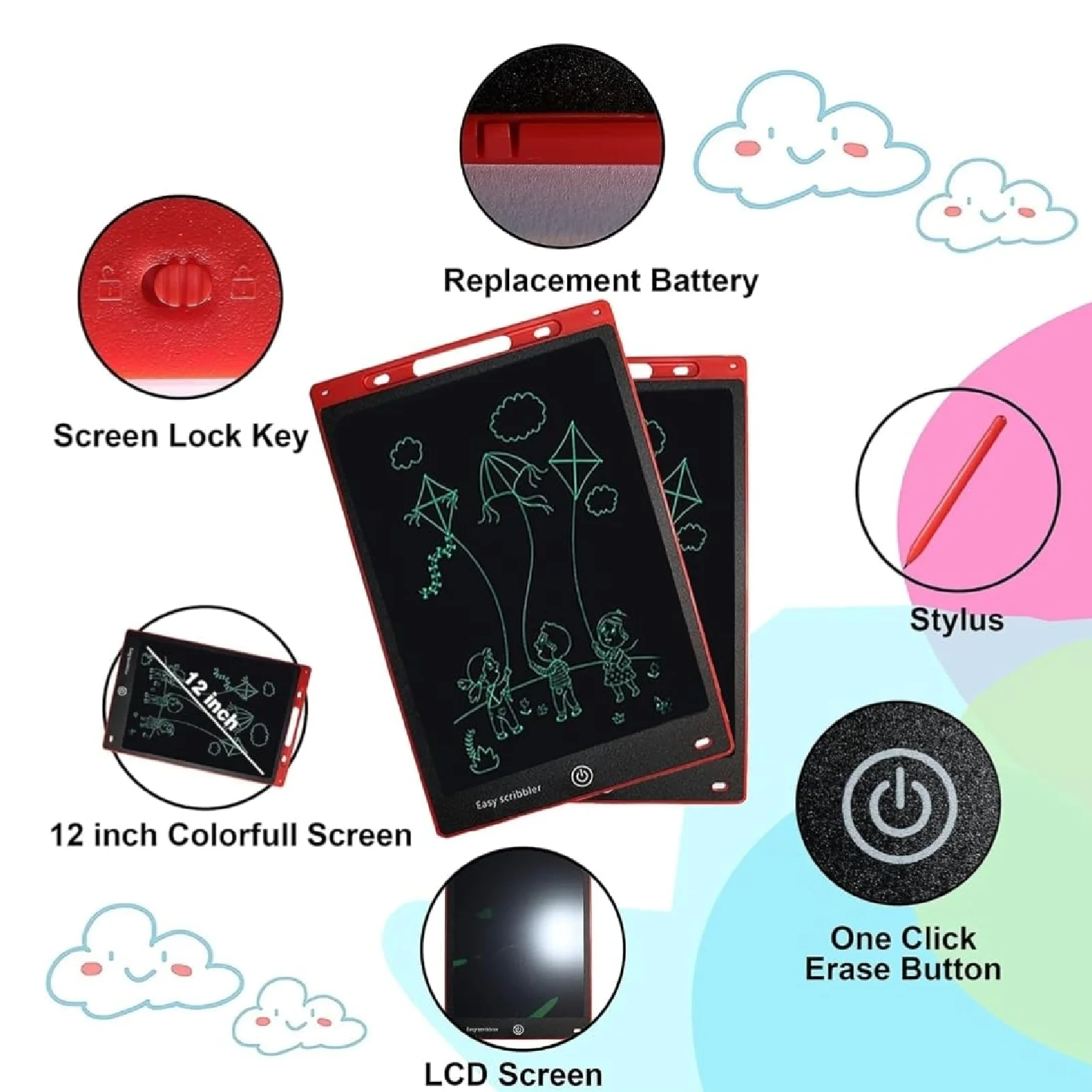 12 Inch LCD Writing Tablet with Stylus, Lock & One-Tap Erase Digital Drawing Pad - Assorted Colour
