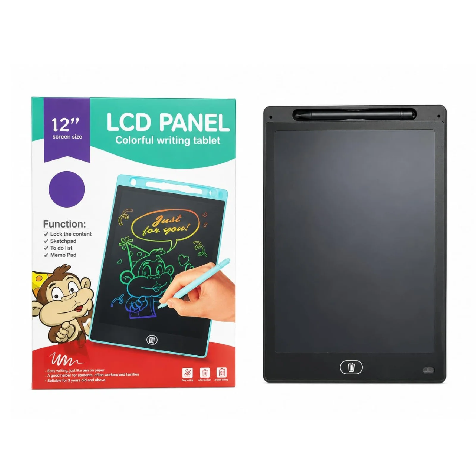 12 Inch LCD Writing Tablet with Stylus, Lock & One-Tap Erase Digital Drawing Pad - Assorted Colour