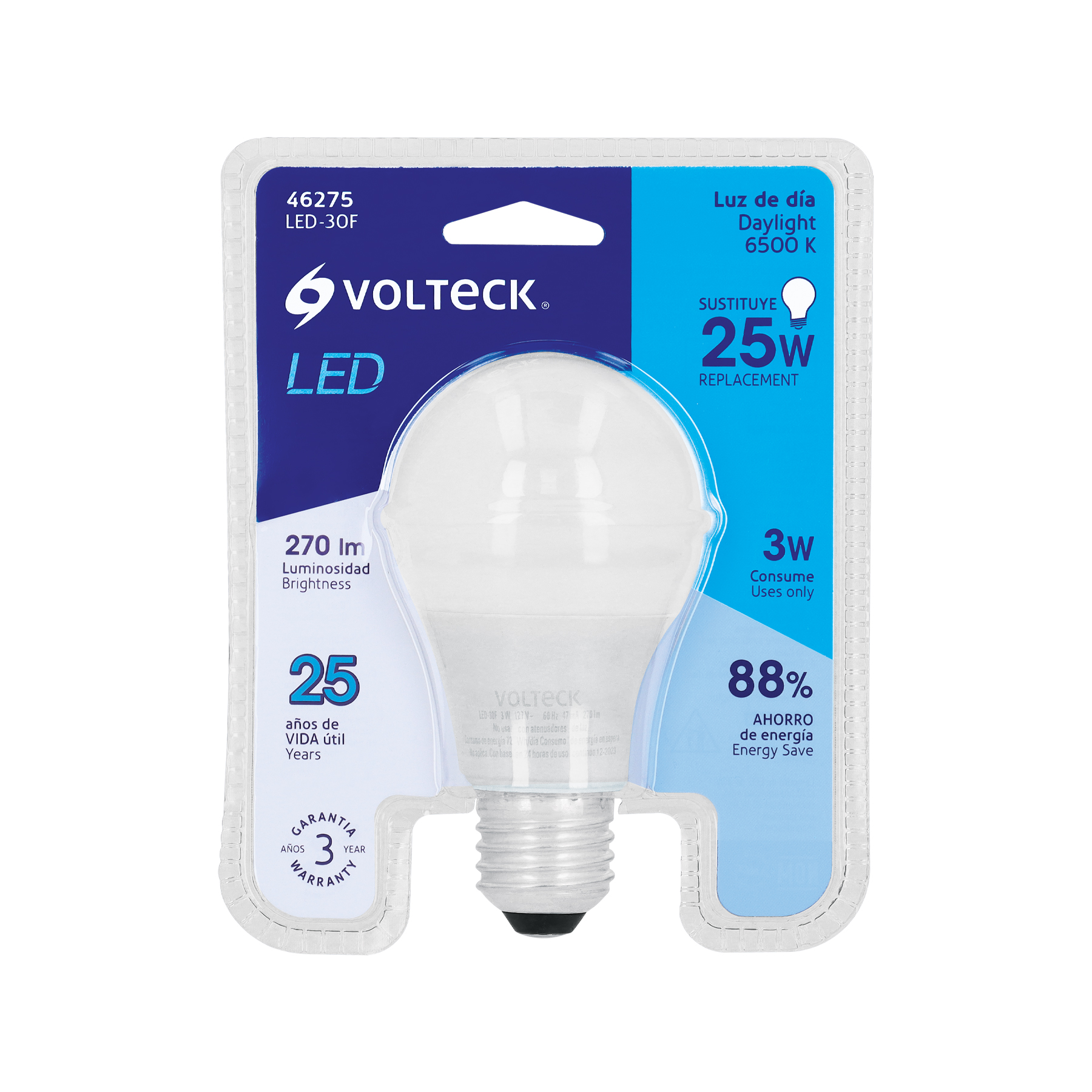Lámpara LED A19 3 W (equiv. 25 W) luz de día blíster Volteck - 46275 - LED-30F - Caja con 6 Pieza – Master 96