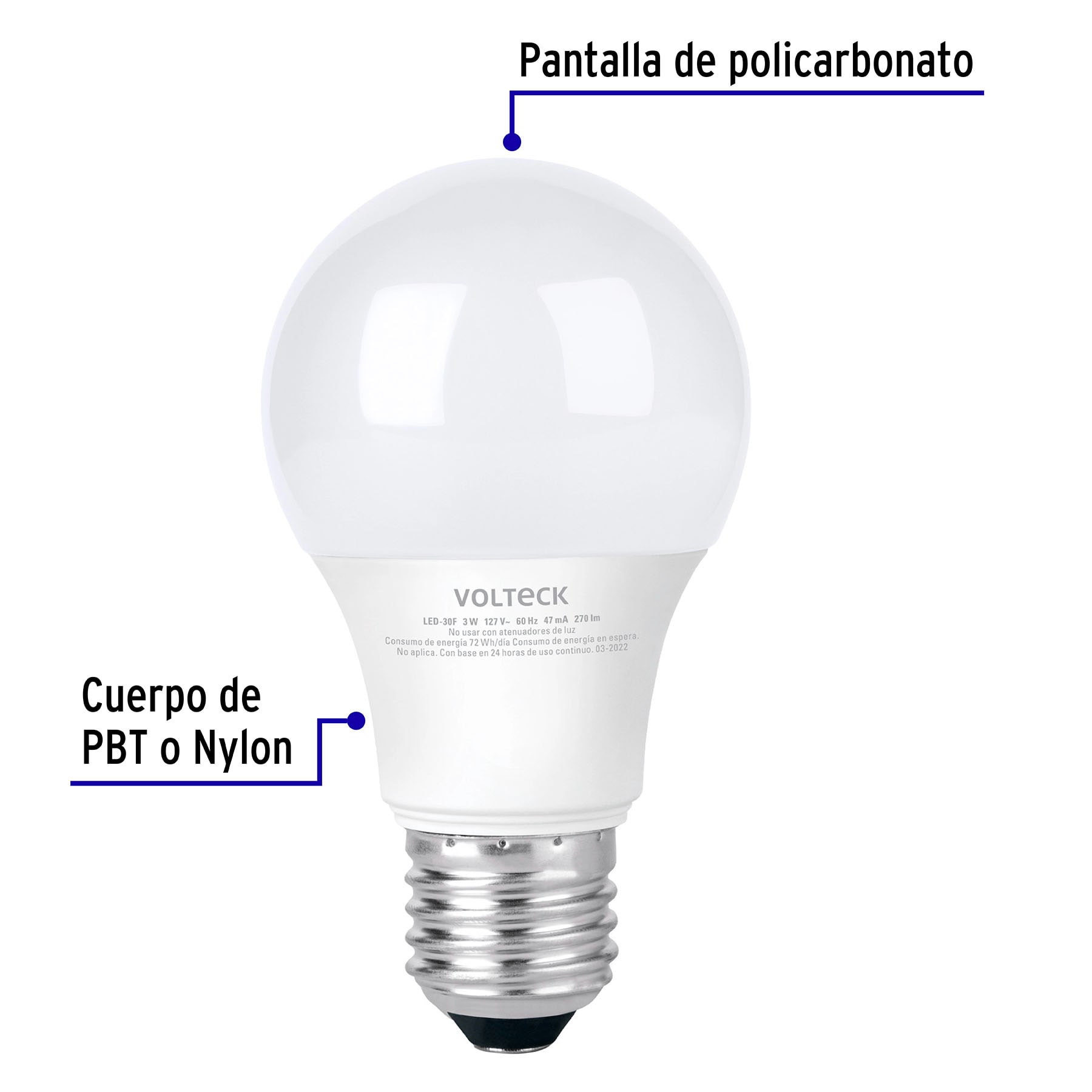 Lámpara LED A19 3 W (equiv. 25 W) luz de día blíster Volteck - 46275 - LED-30F - Caja con 6 Pieza – Master 96