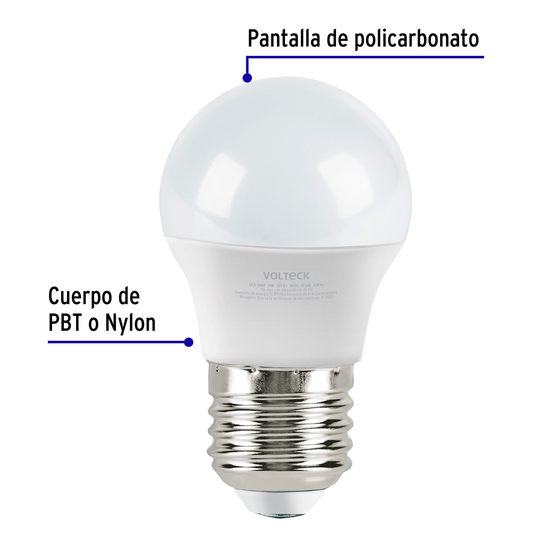 Lámpara LED G45 3 W (equiv. 25 W) luz de día blíster Volteck - 46854 - LED-30GF - Caja con 6 Pieza – Master 96