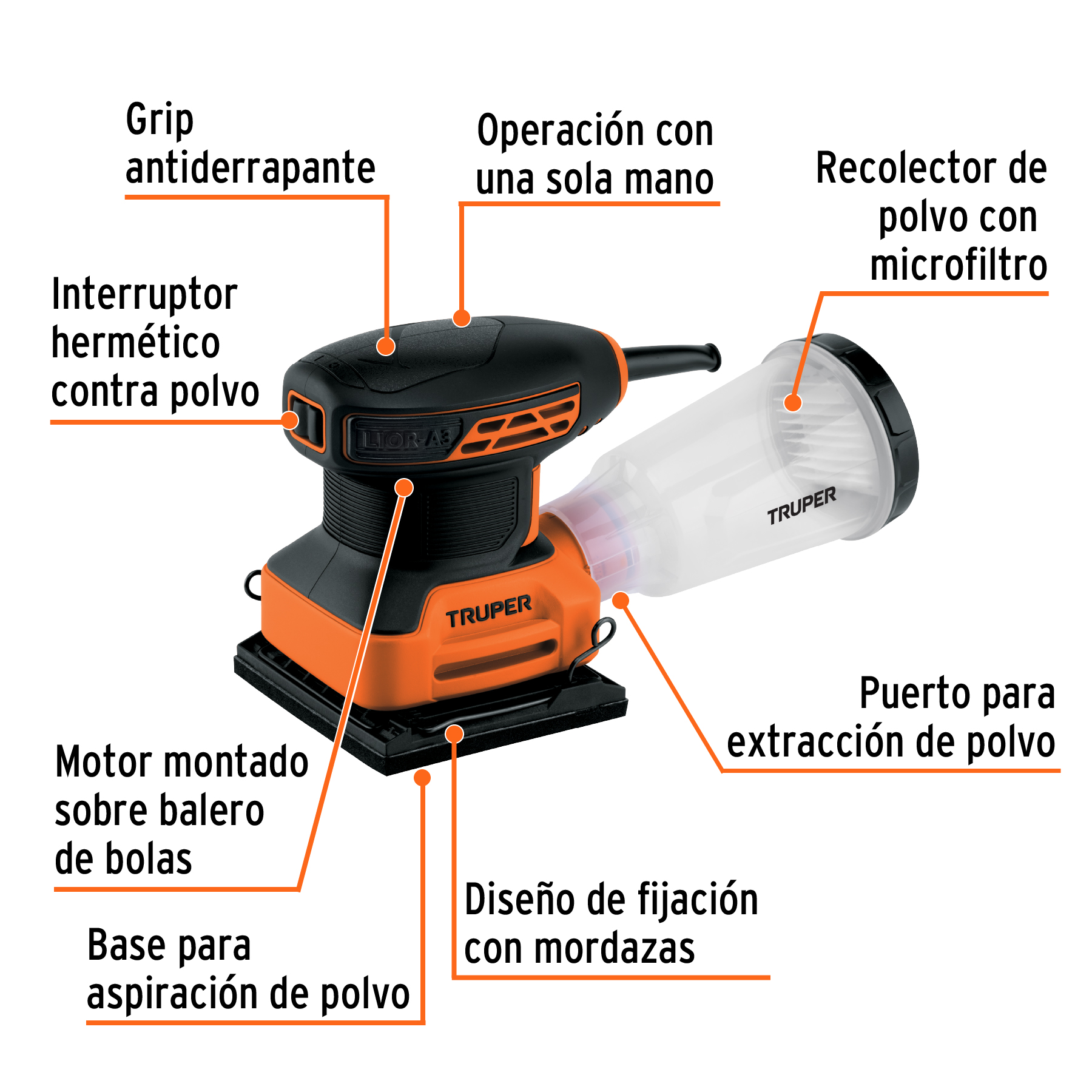 Lijadora orbital 1/4 hoja 200 W, profesional, Truper - LIOR-1/4A2 / 16682