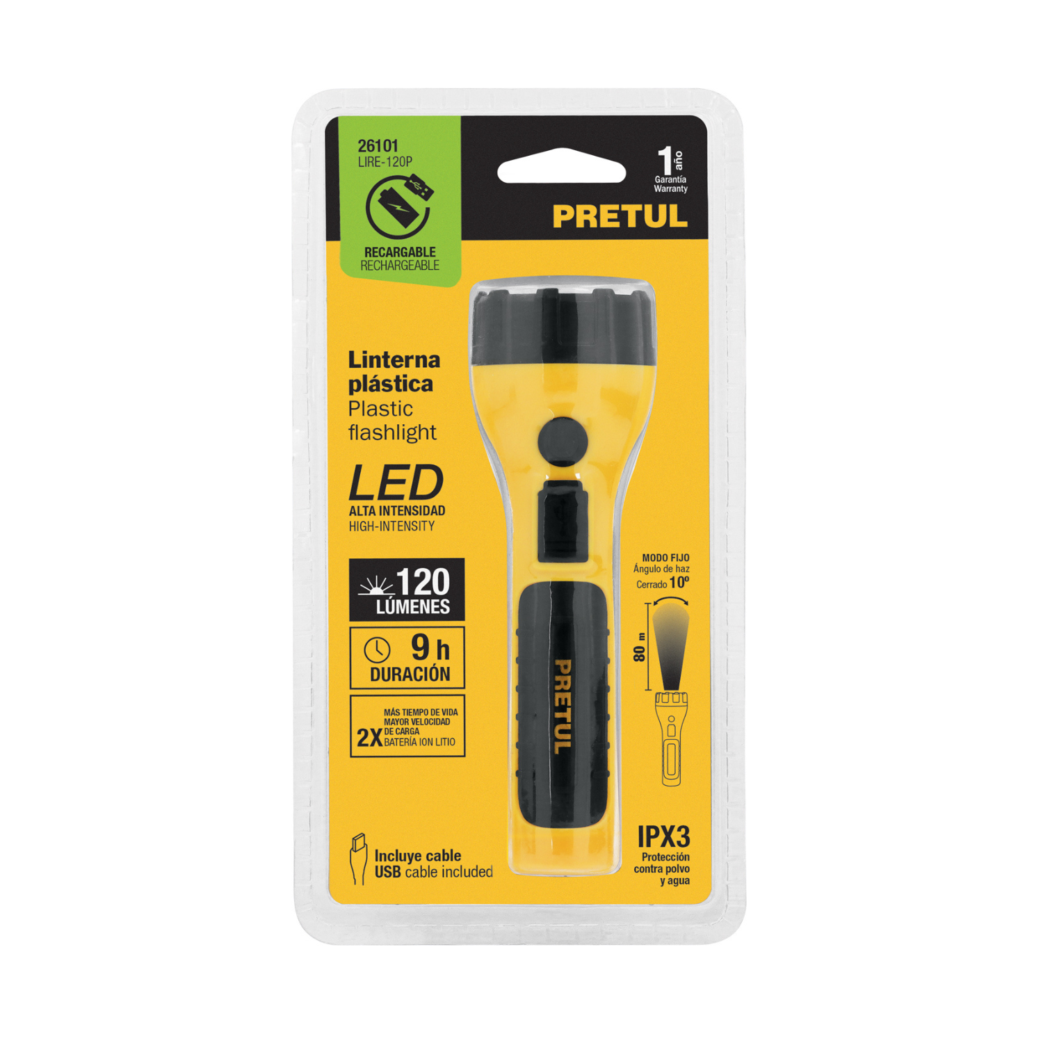 Linterna plástica de LED, 120 lm, recargable, PRETUL-LIRE-120P / 26101