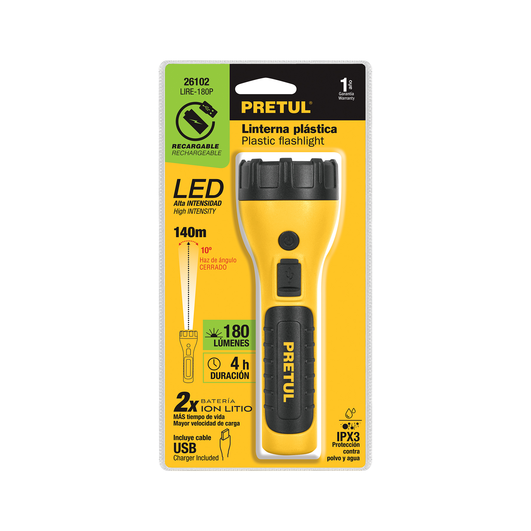 Linterna plástica de LED, 180 lm, recargable, PRETUL-LIRE-180P / 26102