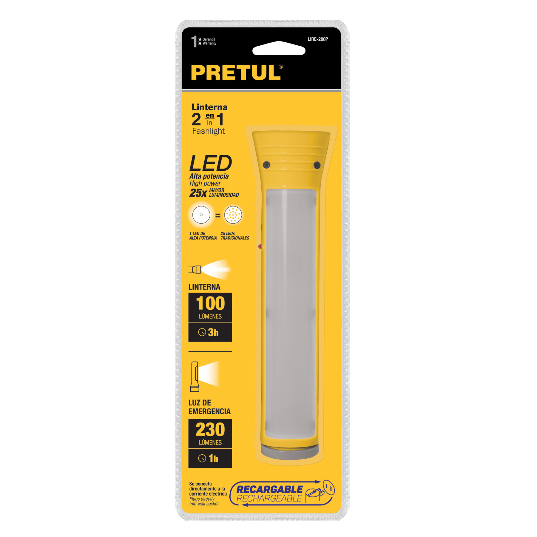 Linterna plástica de LED, 100 lm, recargable, PRETUL-LIRE-200P / 26070