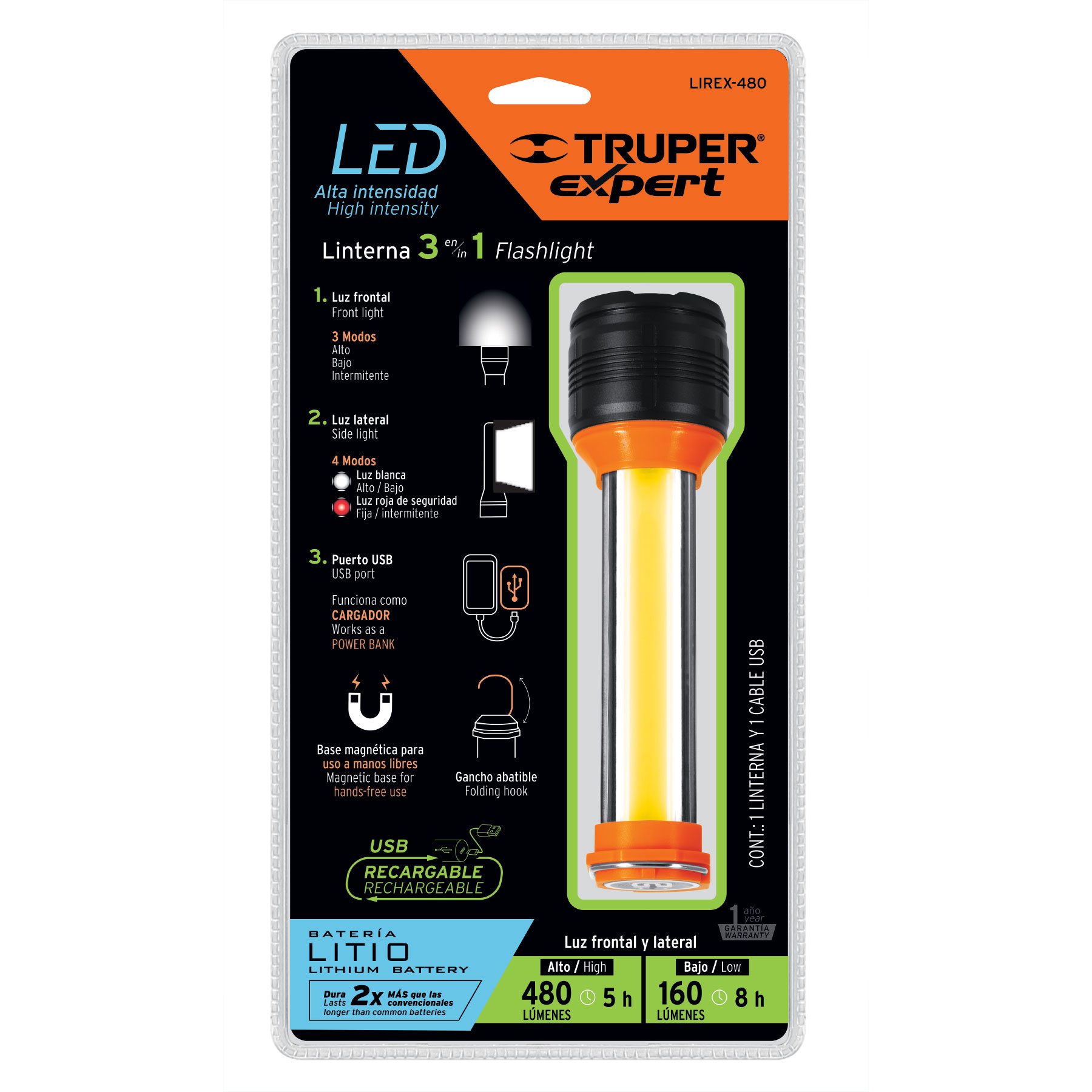 Linterna recargable con luz emergencia, 480lm, Truper Expert-LIREX-480 / 13415