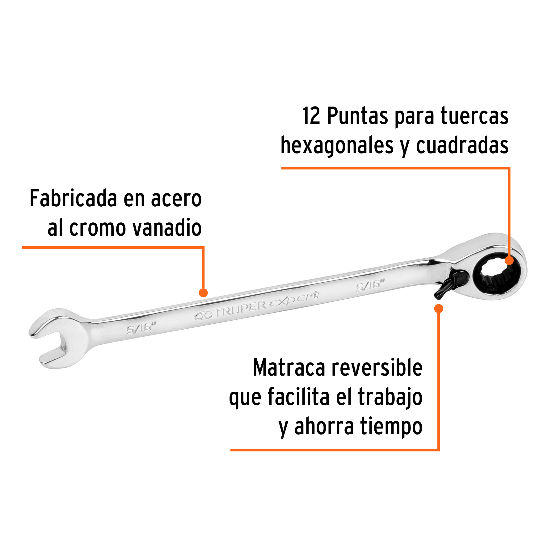 Llave combinada matraca reversible,5/16'x138mm,Truper Expert - LL-2010XR / 13228