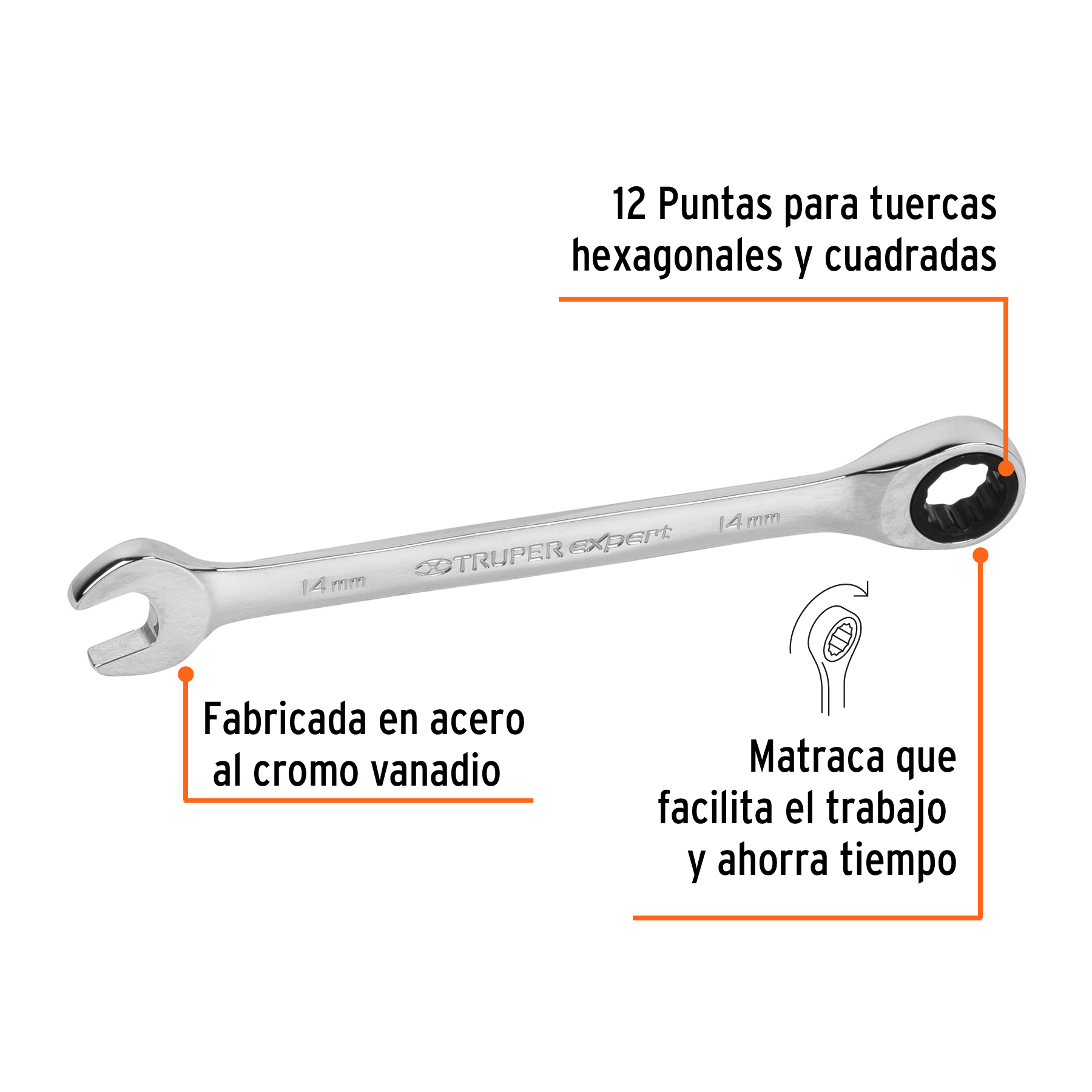 Llave combinada con matraca, 14 x 186 mm, Truper Expert - LL-2014MX / 15746
