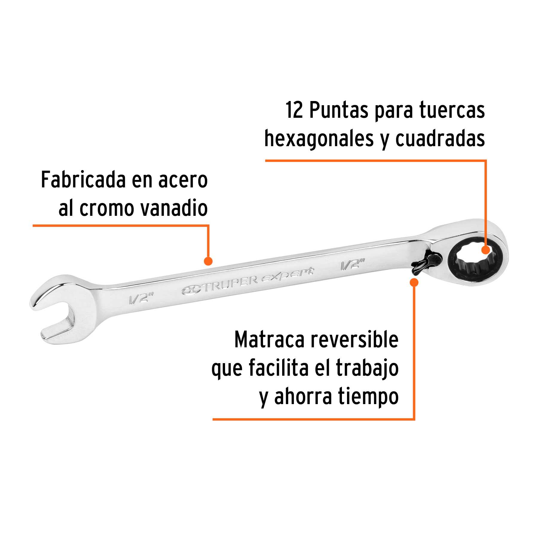 Llave combinada matraca reversible,1/2'x178mm,Truper Expert - LL-2016XR / 13431
