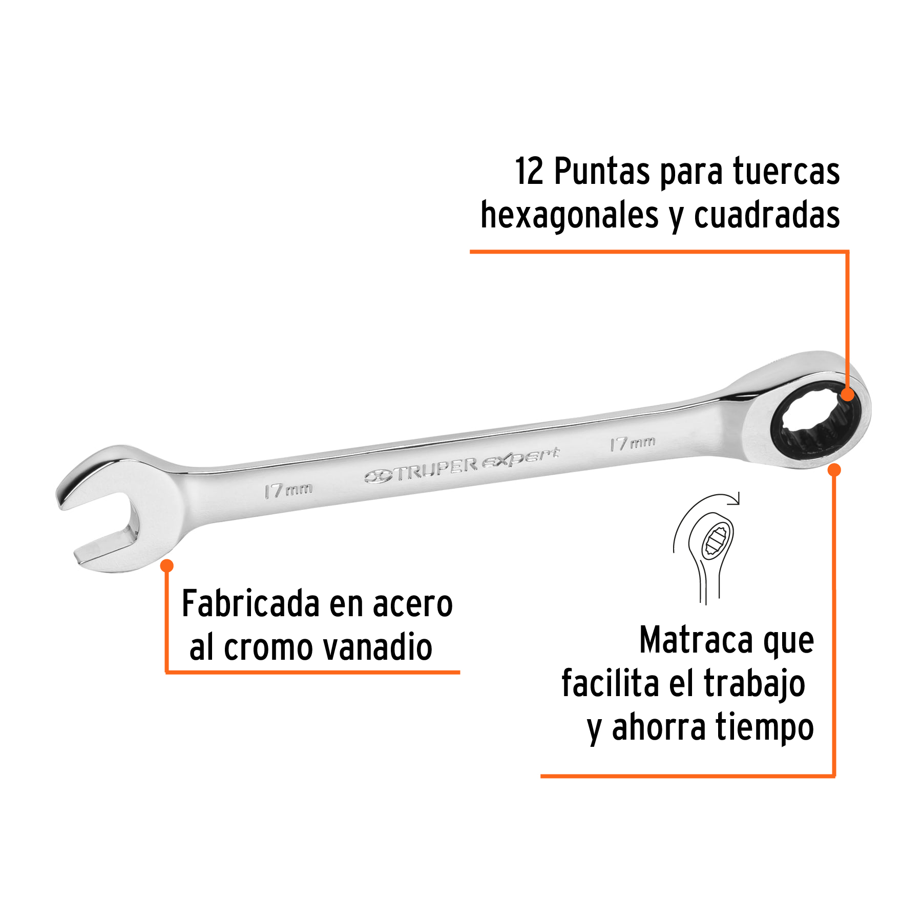 Llave combinada con matraca, 17 x 218 mm, Truper Expert - LL-2017MX / 13622