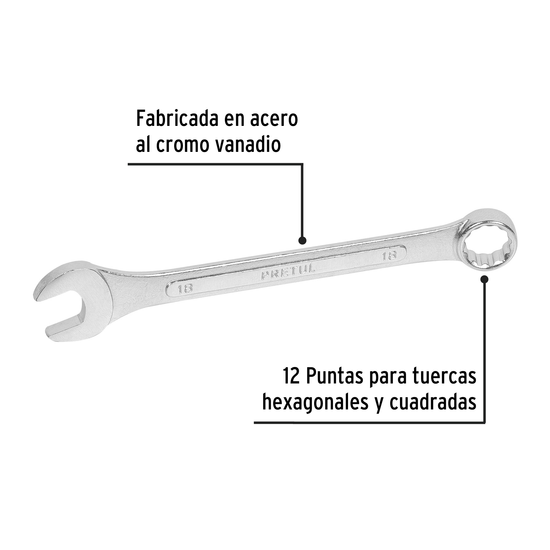 Llave combinada, mm, 18 x 220 mm, Pretul - LL-2018MP / 21912