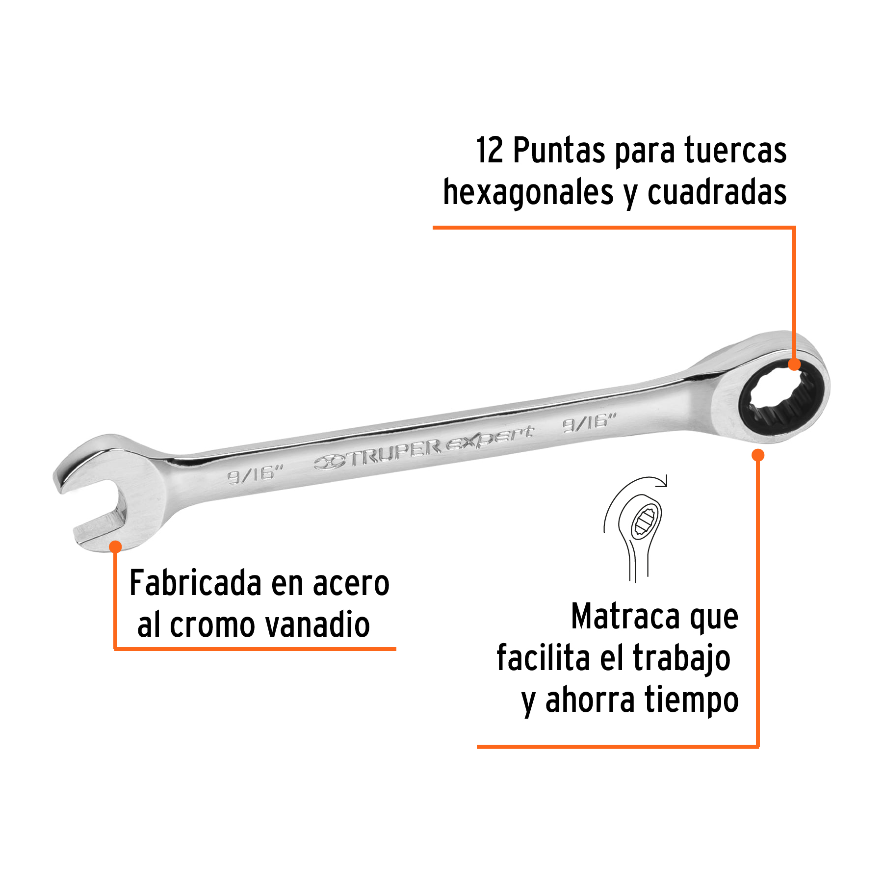 Llave combinada con matraca, 9/16' x 185 mm, Truper Expert - LL-2018X / 15739