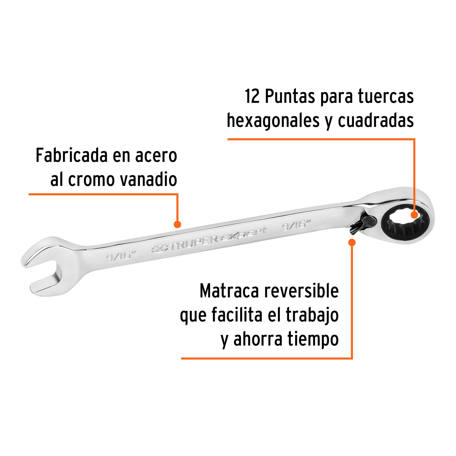 Llave combinada matraca reversible,9/16'x188mm,Truper Expert - LL-2018XR / 13548