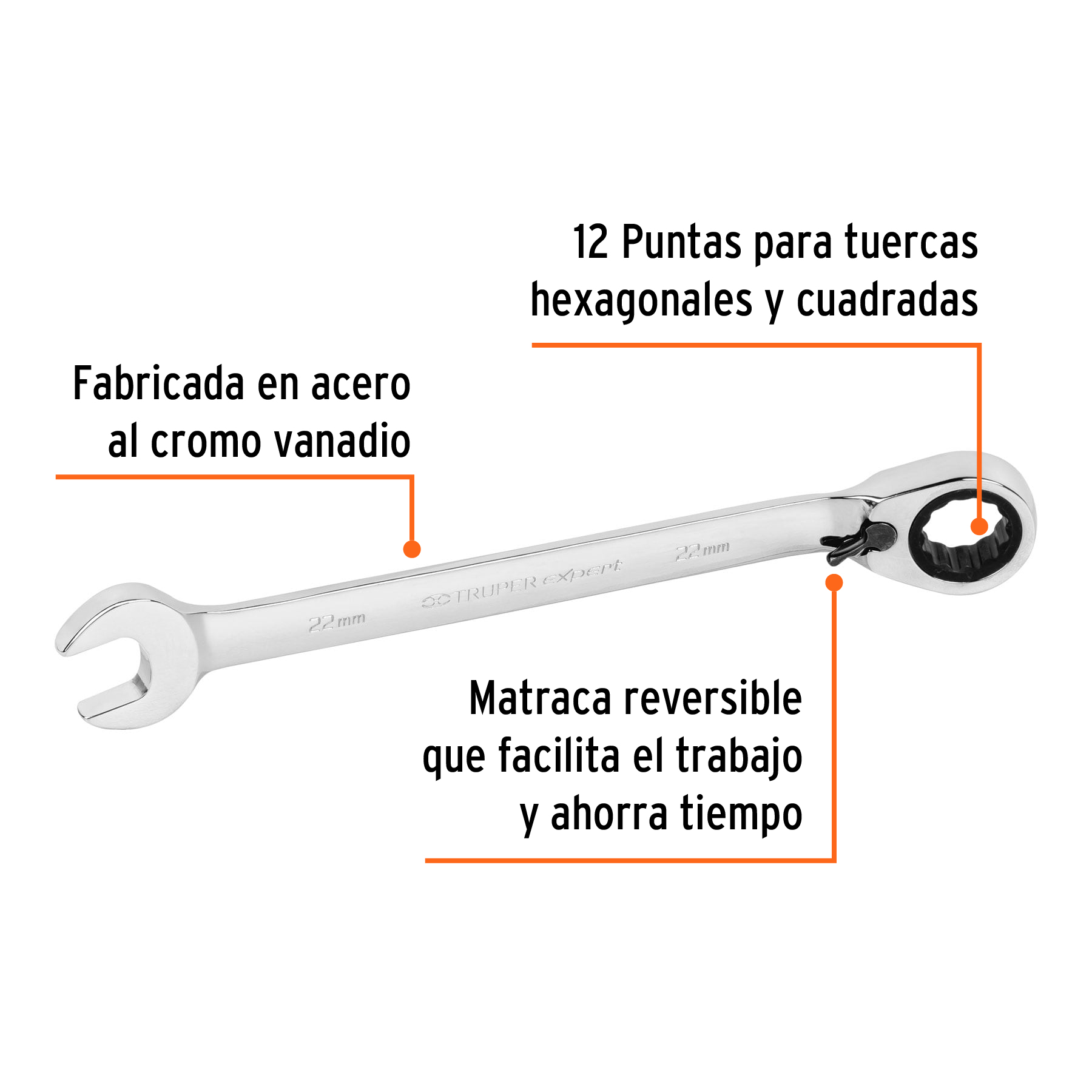 Llave combinada con matraca, reversible, 22x288 mm, Truper E - LL-2022MXR / 13760