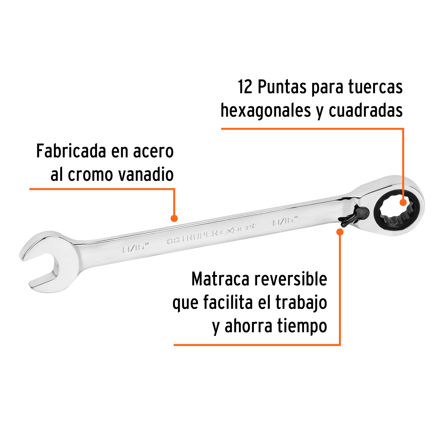 Llave combinada matraca, reversible, 13/16' x 288mm, Truper - LL-2026XR / 13553