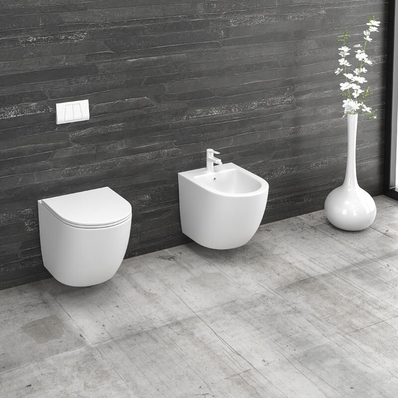 Vas WC SUSPENDAT KARAG, MILOS OPACO ALB MAT CU CAPAC SOFT CLOSE SLIM INCLUS, rimless