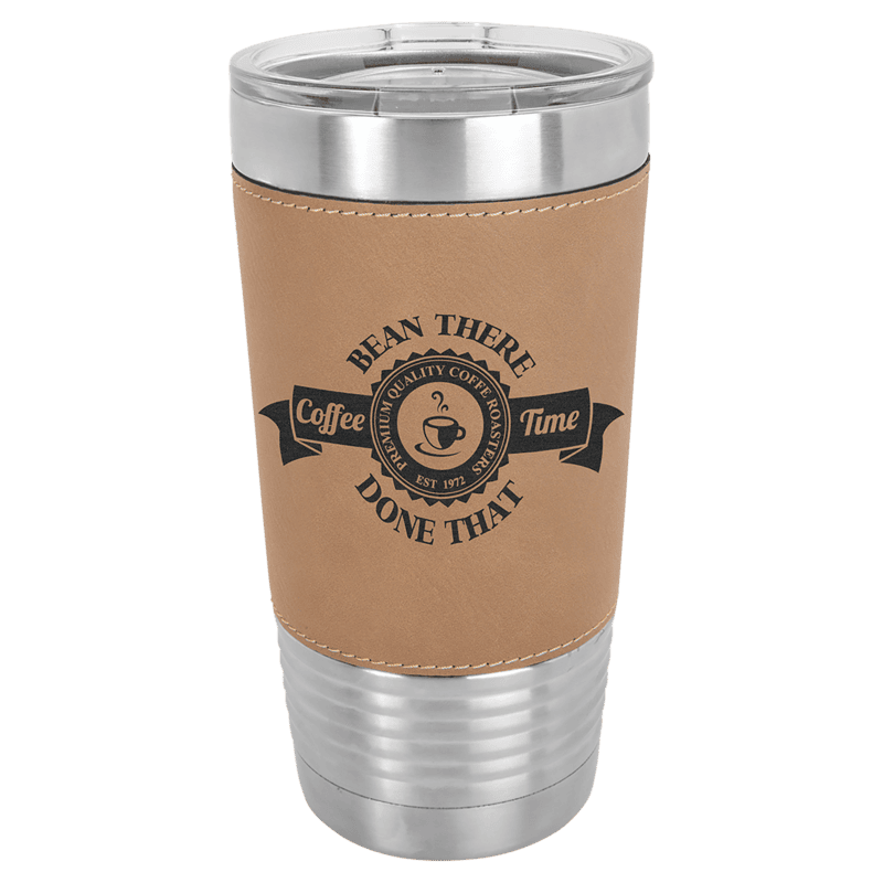 Personalized Polar Camel 20 oz. Light Brown Laserable Leatherette Tumbler with Clear Lid
