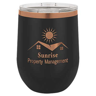 Personalized Polar Camel 12 oz. Black/Rose Gold Stemless Wine Tumbler