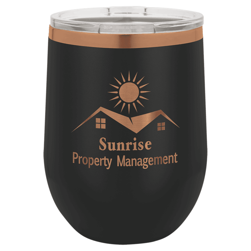 Personalized Polar Camel 12 oz. Black/Rose Gold Stemless Wine Tumbler