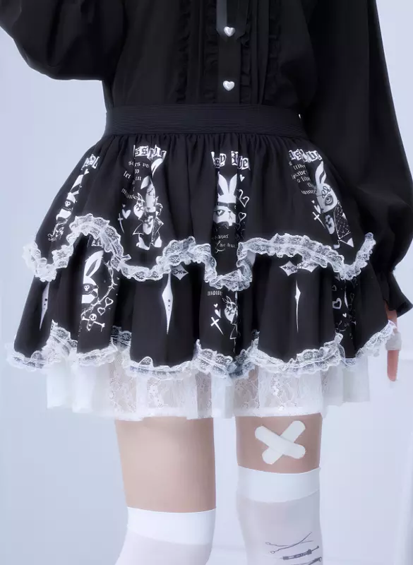 Lace Trim Rabbit Print Mini Skirt