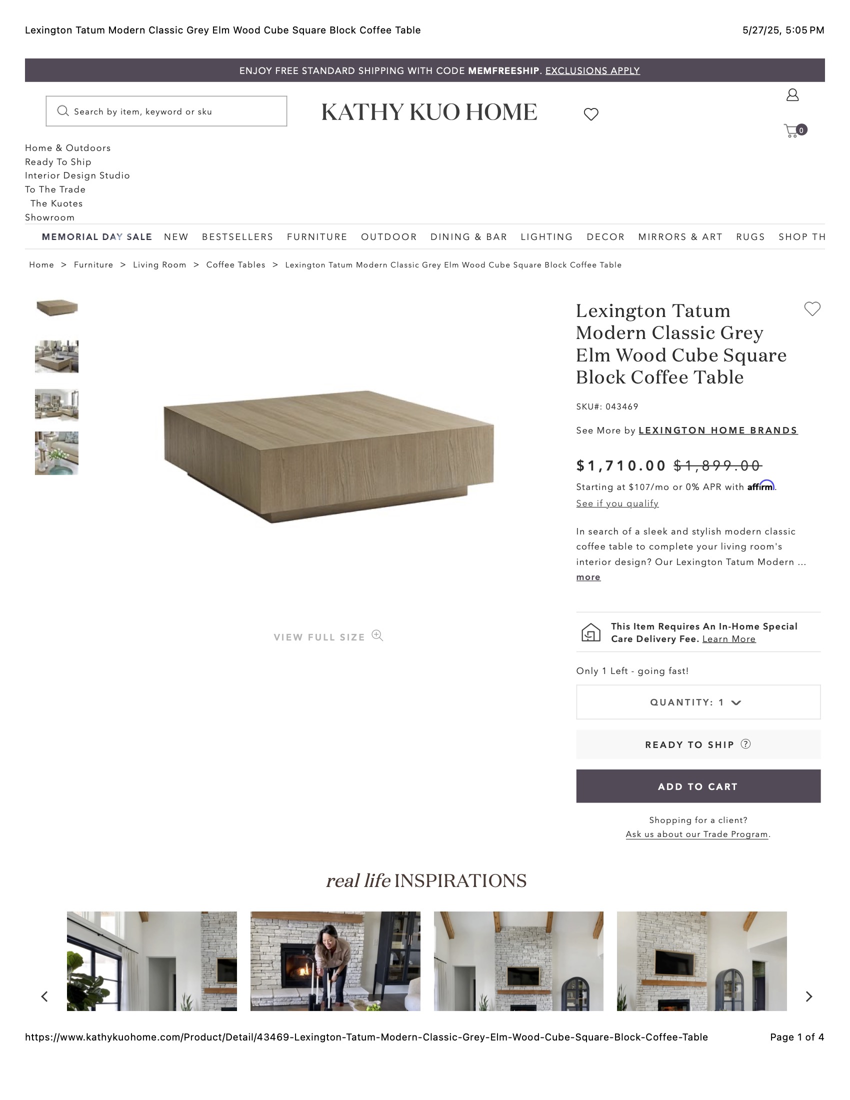 Lexington Tatum Modern Classic Grey Elm Wood Cube Square Block Coffee Table