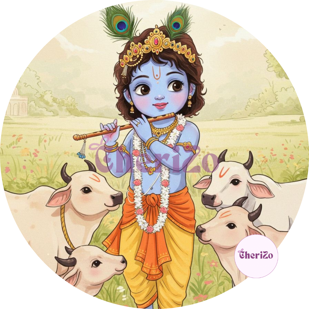 Little Krishna Playing Flute with Gwalas Decorative Stickers | Perfect for DIY Arts & Crafts, Resin Stands, Car Dashboards, Pooja Rooms & Festive Decorations