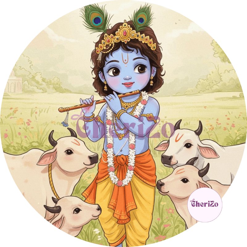 Little Krishna Playing Flute with Gwalas Decorative Stickers | Perfect for DIY Arts & Crafts, Resin Stands, Car Dashboards, Pooja Rooms & Festive Decorations