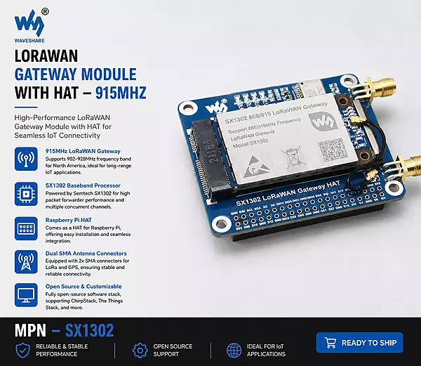Lorawan Gateway Module With Hat - 915Mhz
