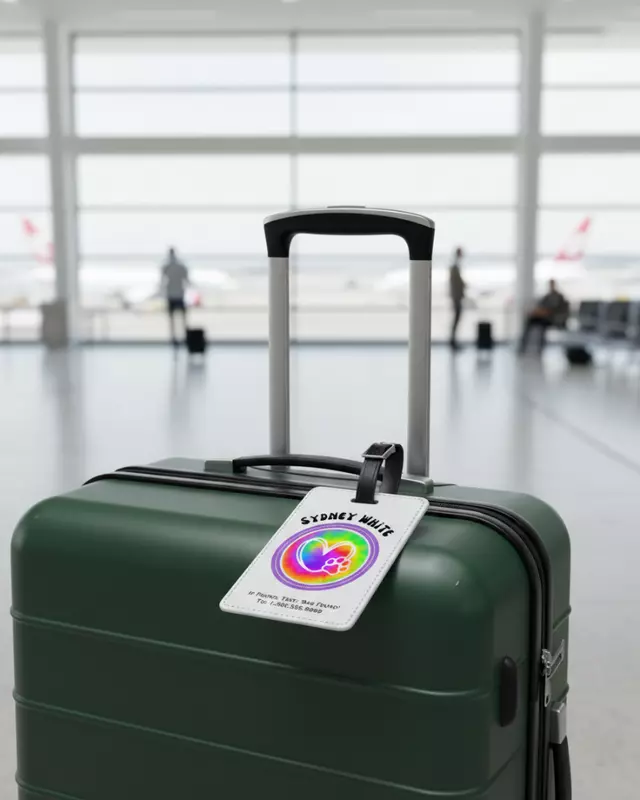 Personalized kids luggage tag featuring colorful travel-themed designs for children.