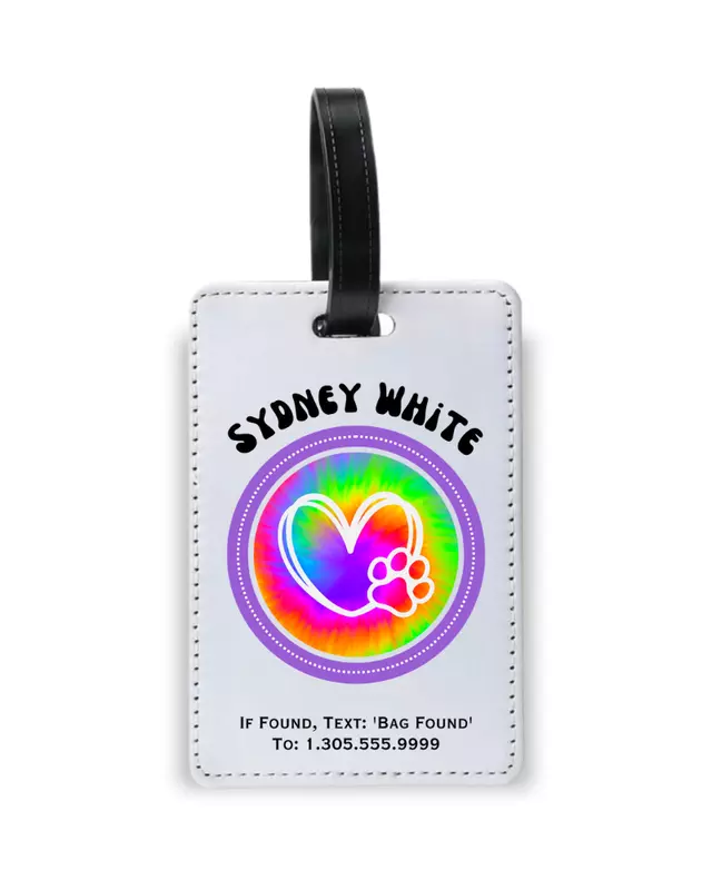 Personalized kids luggage tag featuring colorful travel-themed designs for children.