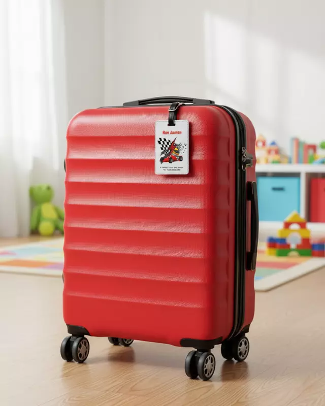 Personalized kids luggage tag featuring colorful travel-themed designs for children.
