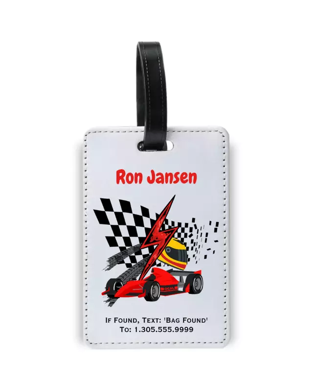 Personalized kids luggage tag featuring colorful travel-themed designs for children.