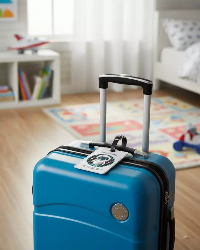 Personalized kids luggage tag featuring colorful travel-themed designs for children.