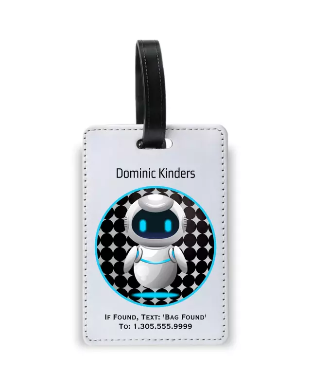 Personalized kids luggage tag featuring colorful travel-themed designs for children.