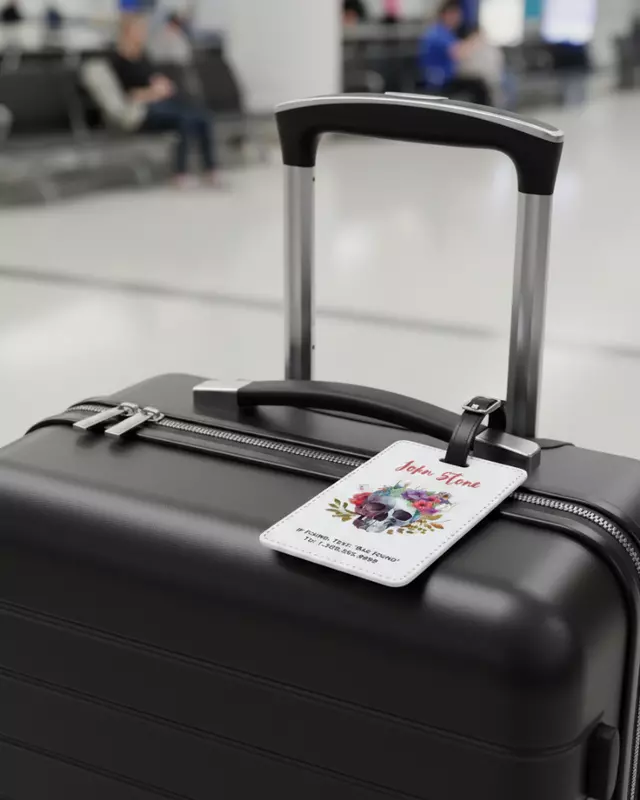 Personalized luggage tag featuring custom travel-inspired designs for adults.