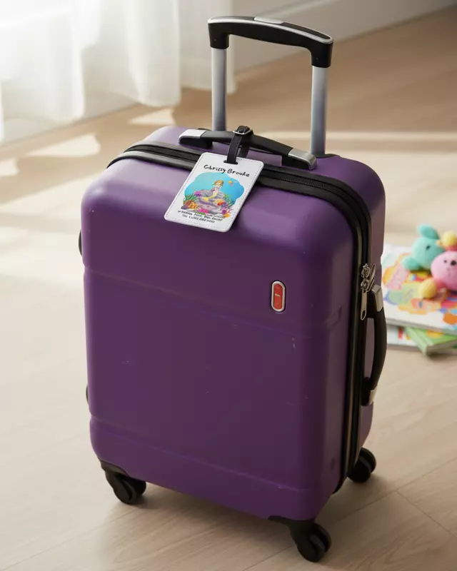 Personalized kids luggage tag featuring colorful travel-themed designs for children.