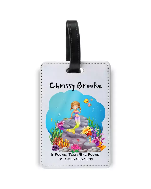 Personalized kids luggage tag featuring colorful travel-themed designs for children.