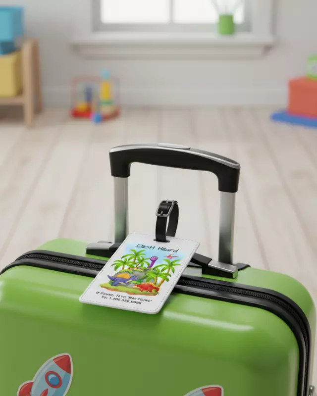 Personalized kids luggage tag featuring colorful travel-themed designs for children.